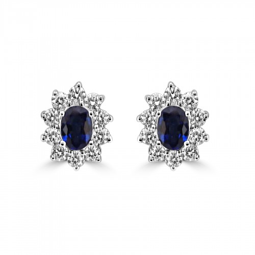 18W 2x Sapp Ovals 1.07ct with 20x RBC 0.76ct Cluster Earrings
