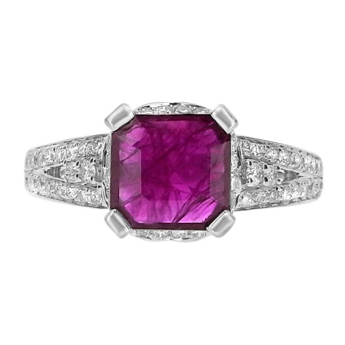 18W 1x Ruby Square Oct 1.99ct with RBC 0.83ct Surround & Fancy Shoulders Ring