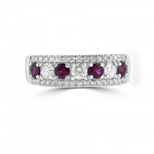18W 4x RBC Ruby 0.56ct w/ 37x RBC Dia 0.56ct 3x Row Half Eternity Ring w/ Larger Center Stones