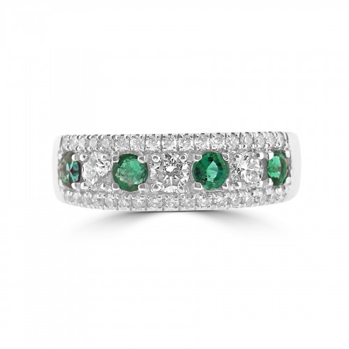 18W 4x Emld Round 0.41ct w/ 37x RBC Dia 0.57ct 3x Row Half Eternity Ring w/ Larger Center Stones