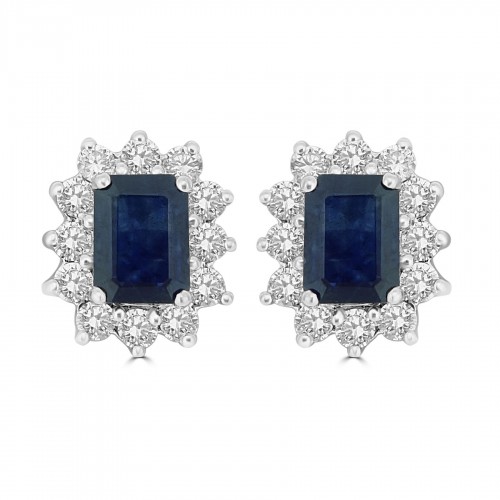 18W 2x Sapp Octs 2.10ct with 24x Dia RBC 0.86ct Cluster Earrings