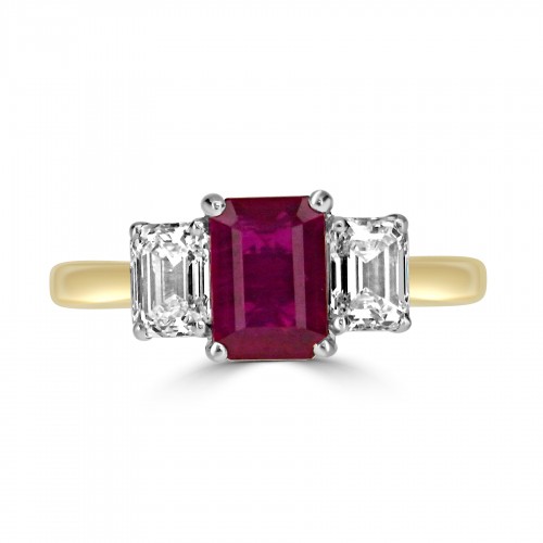 18YW 1x Ruby Oct 1.28ct w/ 2x Oct Dia 0.47ct T.Shoulder Daylight 3 Stone Ring