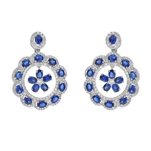 18W 32x Sapp Oval 6.99ct & RBC 1.80ct Outline Cluster with Suspended Flower Drop Earrings