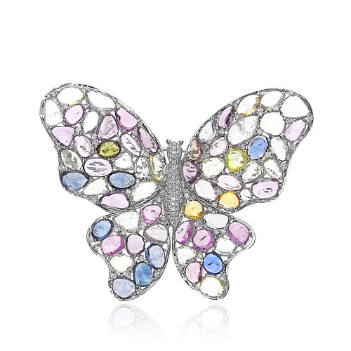 18W 64x Coloured Sapp Rosecuts 49.74ct with RBC 1.33ct Large Butterfly Brooch/Pendant
