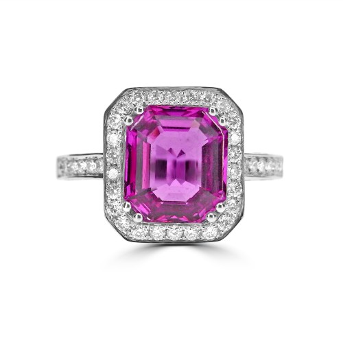 18W 1x Pink Sapp 3.96ct Oct w/ RBC 0.89ct Halo & Shoulders/Sides Ring