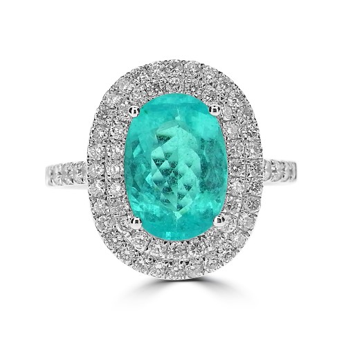 18W 1x Paraiba 2.66ct Oval w/ RBC 0.78ct Double Halo & Shoulders Ring