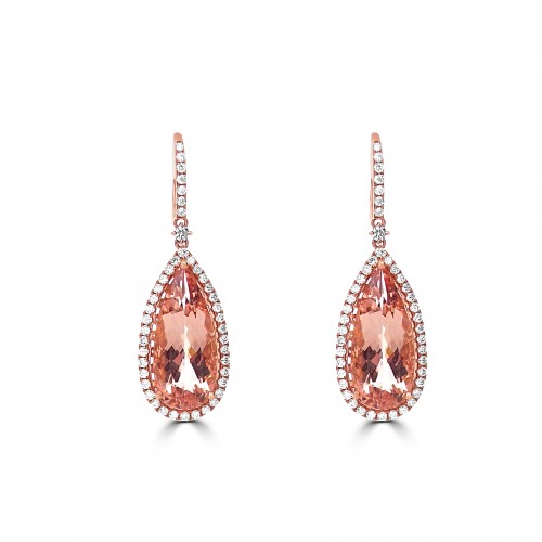 18R 2x Morganite Pear 19.65ct with 88x RBC 1.86ct Halo Drop Earrings