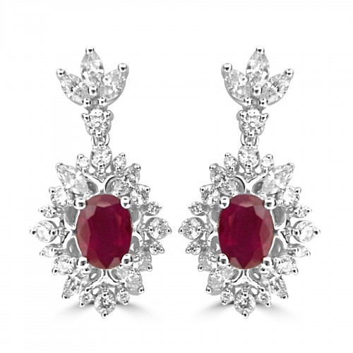 18W 2x Ruby Ovals 2.26ct with 48x RBC & Marq 1.70ct Fancy Cluster Drop Earrings