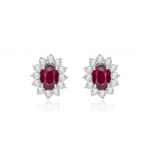 18W 2x Ruby Ovals 2.65ct with 24x Dia RBC 1.13ct Claw Set Cluster Earrings
