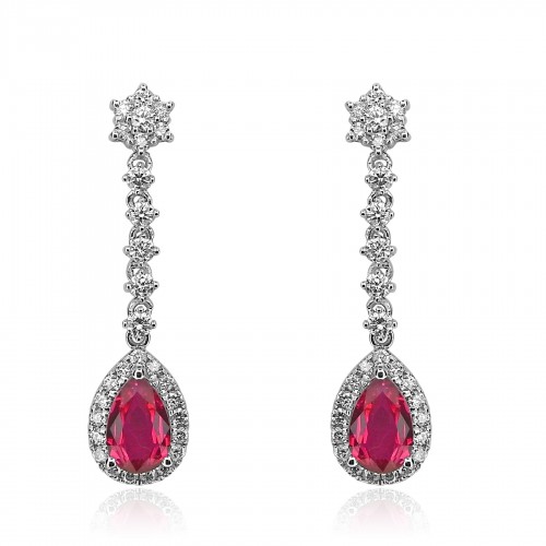 18W 2x Spinel Pear 1.86ct W/ 58x RBC Dia 0.70ct Cluster Top & Halo Drop Earrings