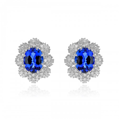 18W 2x TZ Oval 5.50ct w/ 112x RBC 1.60ct In Flower Clusters Around Centre Stone Omega Clip Earrings