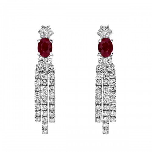 18W 2x Ruby Oval 2.18ct With 76x Rbc 2.24ct Top Flower Cluster & Triple Line Drop Earring