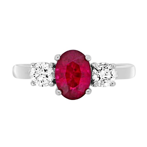 18W Ruby Oval 1.88ct With 2x Rbc 0.27ct 4 Claw Set 3 Stone Ring
