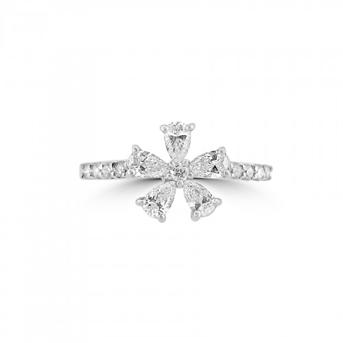 18W 5x Pear Shapes 0.75ct With 9x Rbc 0.18ct Centre & Shoulders Ct Flower Ring