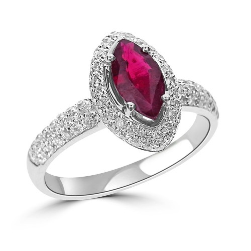 18W 1 X Marq Ruby 0.53ct 4 Claw Set With Rounded 2 Row 92 X Rbc 0.46ct Surround And Shoulders Ring